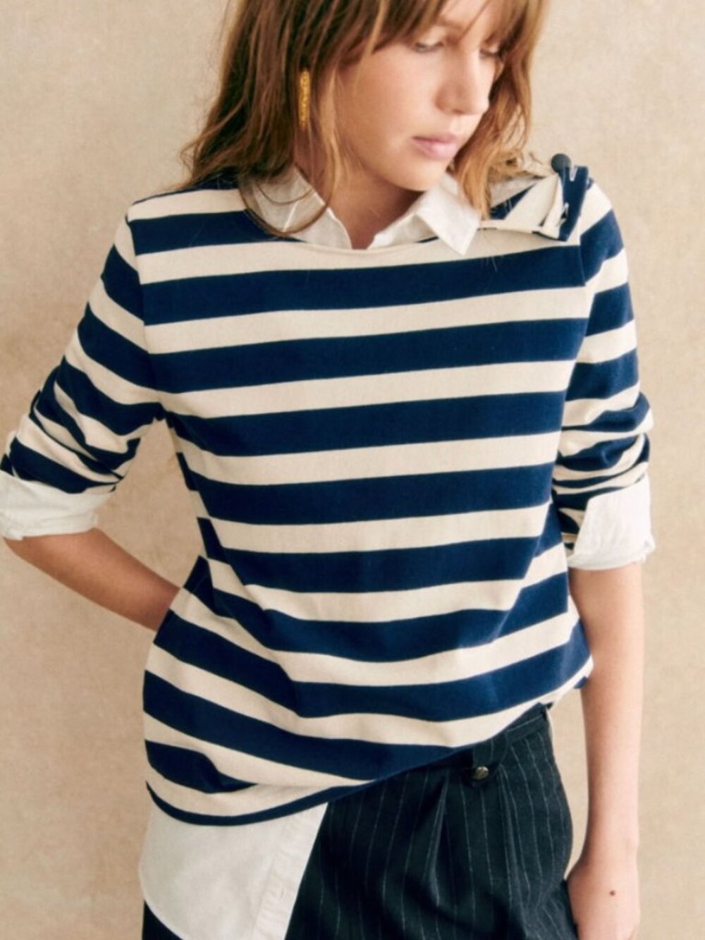 Sezane Colette Navy & White Striped Long-Sleeve Top